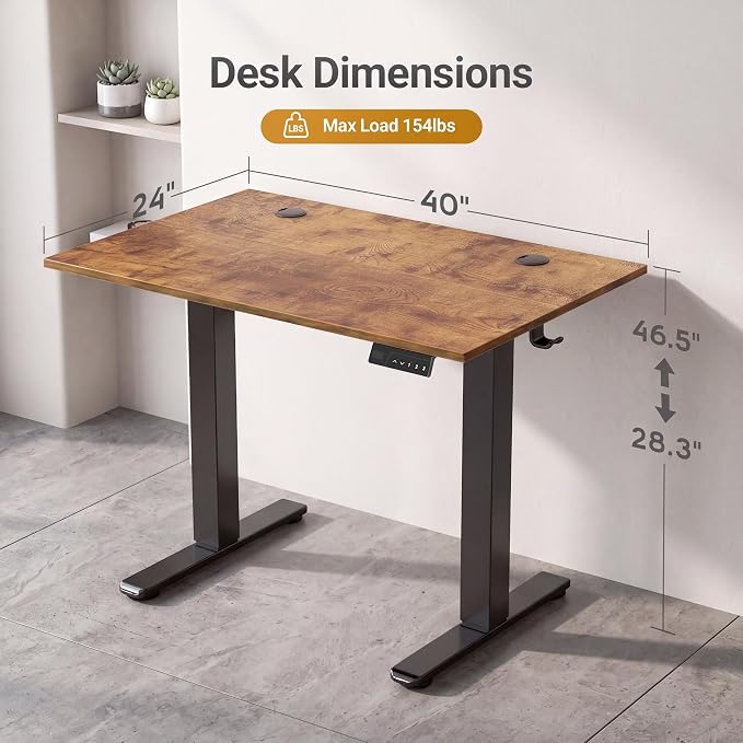 Claiks Electric Standing Desk, 40x24 Inch, Rustic Brown | Adjustable height for sit-stand, 156lbs capacity, scratch-resistant surface, 3 memory presets, cable management & hook.