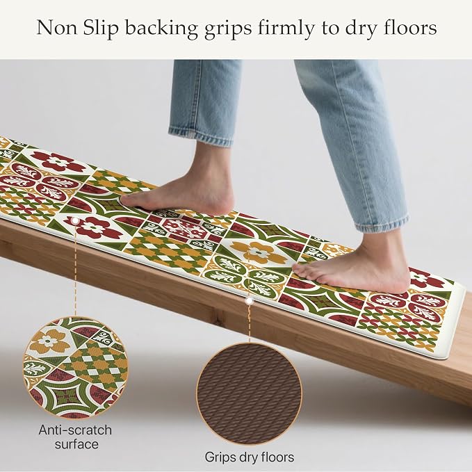 GENIMO Anti Fatigue Kitchen Mats for Floor 2PCS, Cushioned Standing Mats | 17.3"x47"&17.3"x30", Light Green vintage floral rug set, waterproof, non slip, easy-clean for farmhouse