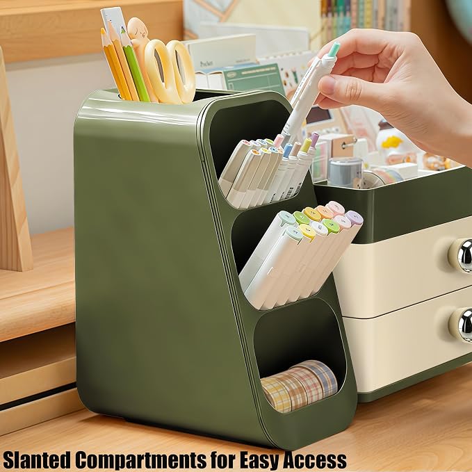 Desk Organizer with Pen Pencil Holder, Pen Organizer with 2 Drawers & 4 Compartments, Desktop Organizers and Storage for Office Home School Art Supplies (Green)