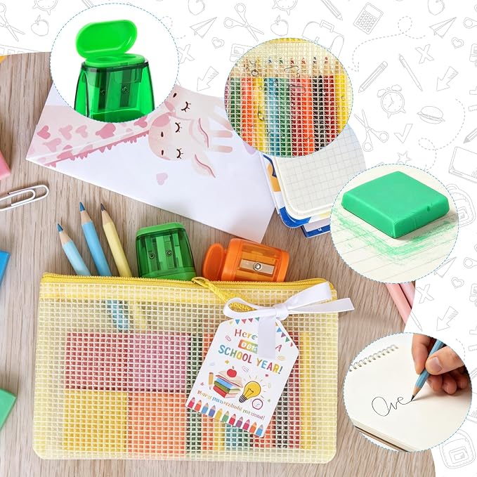 145 Pcs Back to School Supplies Kit Include Mesh Zipper Pouch Bags, Pencils, Colored Pencils, Erasers, Pencil Sharpeners, Gift Cards, Ribbon for Classroom Exchange Elementary Students Teacher Rewards