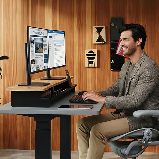 42.5” Dual Monitor Stand Desk Shelf with Phone Tablet Holder | Monitor Riser for 55-72 Inch Desk Cozy Computer Setup Workplace Organizer Keyboard Storage Compact Ergonomic Black