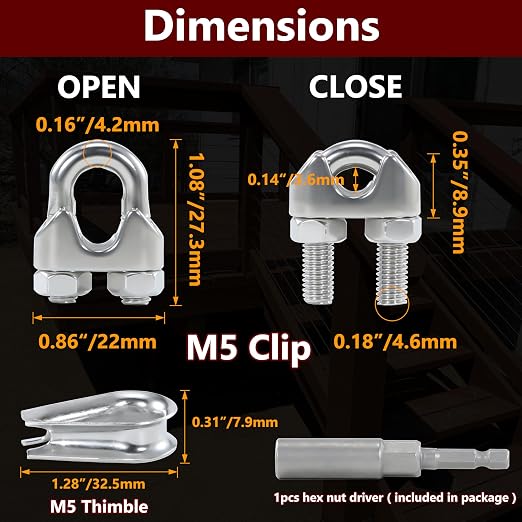 12PCS 3/16-1/4 Inches M5 Stainless Steel Wire Rope Clips,6PCS Thimbles | Corrosion resistant,antirust,easy to install with 1 nut driver