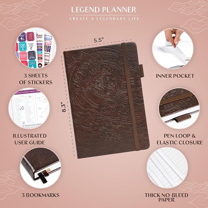Legend Undated Weekly Planner – Goal Planner Journal & Organizer Notebook – Agenda Book with Monthly Calendar & To-Do List, A5 (Dark Brown)