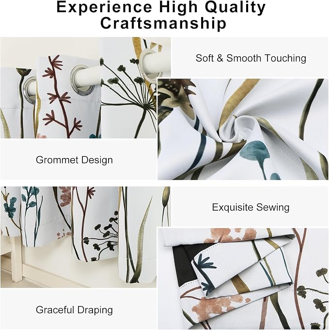Floral Blackout Curtains for Bedroom and Living Room, Black Out Window Curtains 84 Inch Long 2 Panels Set, Grommet Room Darkening Soundproof Privacy Thermal Insulated Blackout Curtains for Winter