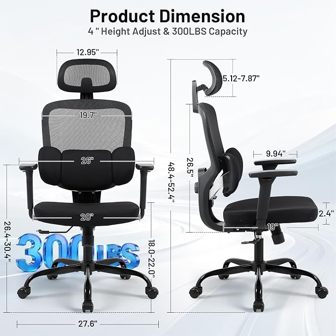 Ergonomic Office Desk Chair, High Back Breathable Mesh Computer Chair, 3D Lumbar Support, 2D Headrest & 3D Armrests, 300lbs Heavy Duty Task Chair for Home Office Work Gaming, Black