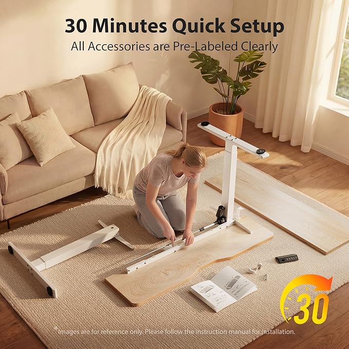 Cubiker Standing Desk, 55x24 Inches Sit Stand Home Office Desk, Electric Stand up Desk, Adjustable Desk with Splice Board, White Frame/Maple Top