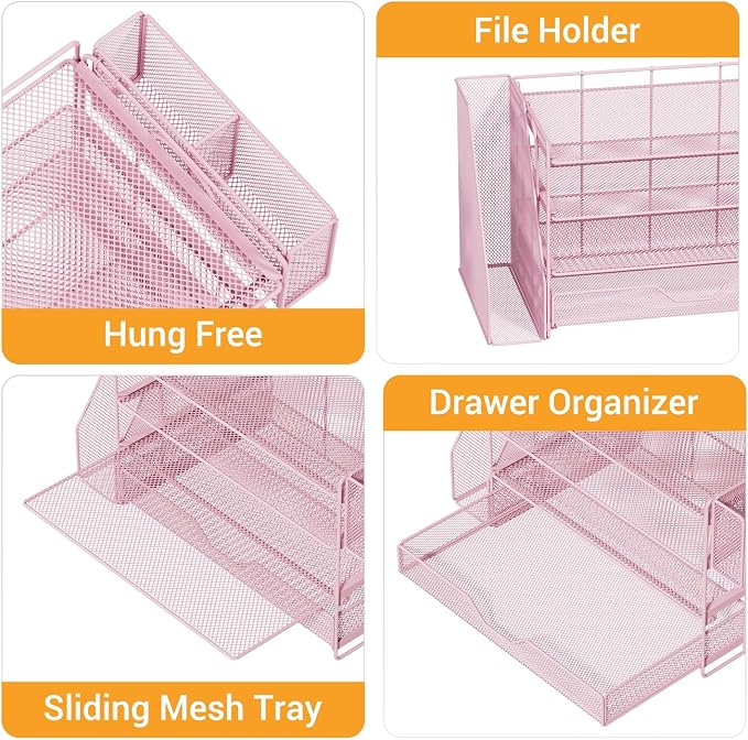 OPNICE 4-Tier Desk Organizer with Drawer & Pen Holder, Office Desk Accessories and Office Decor for Women, Paper Tray File Organizer for Home Office Workspace Supplies, Pink