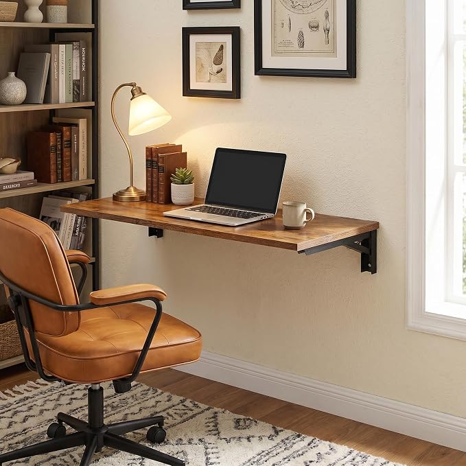 Need Wall Mounted Desk - Heavy Duty Folding Work Table Length 36" Width 20"/Small Space Hanging Desk Perfect Addition to Home/Office/Kitchen & Dining Room Rustic Brown AC15-9050FG-ND