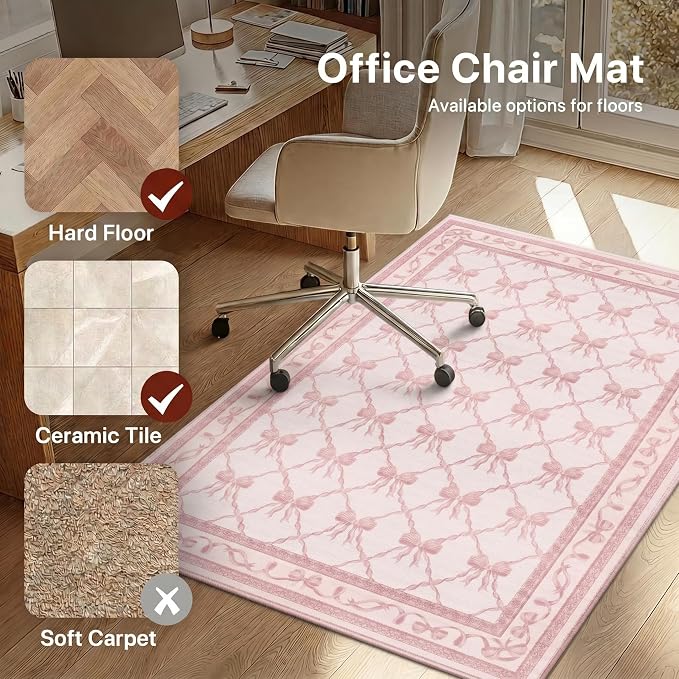 36"x48" Office Chair Mat for Hardwood Tile Floor, Under Desk Carpet Protector for Rolling Computer Chair Mat, Machine Washable Area Rug, Anti-Slip 1/5" Thick Low Pile Thin Vinyl Floor Mat, Baby Pink