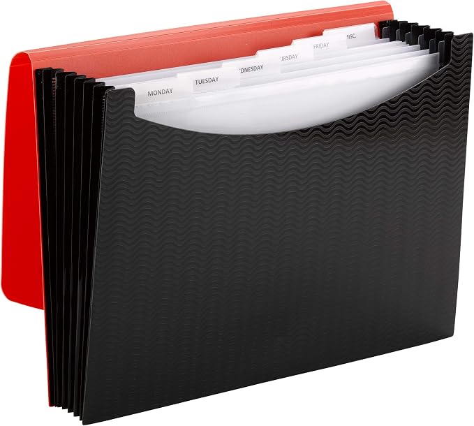 Smead 7 Pocket Poly Expanding File, 6 Dividers, Flap and Cord Closure, Letter Size, Wave Pattern Red/Black (70884)