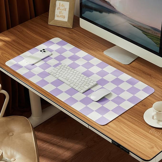 Checkered Desk Mat, Large Cute Aesthetic Retro PU Leather Computer Laptop Desk Mat, Non-Slip Waterproof Mouse Keyboard Pad, Desk Writing Mat for Work/Home (Purple, 23.6" x 13.7")