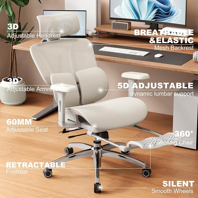 Vonesse Ergonomic Office Chair,Desk Chair with Adjustable 3D Headrest and Armrests, Gaming Chair with Dynamic Lumbar Support & Adjustable Depth Breathable Mesh Seat (White)
