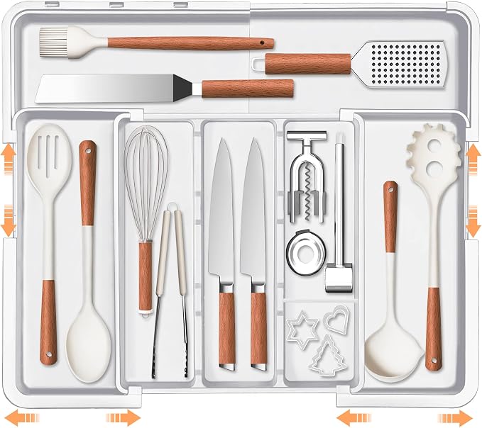Large Utensil Drawer Organizer Expandable Silverware Organizer for Kitchen Drawer Adjustable Cooking Utensil Holder Cutlery Flatware Tray Spatula Tools Gadgets Storage Dividers Plastic White
