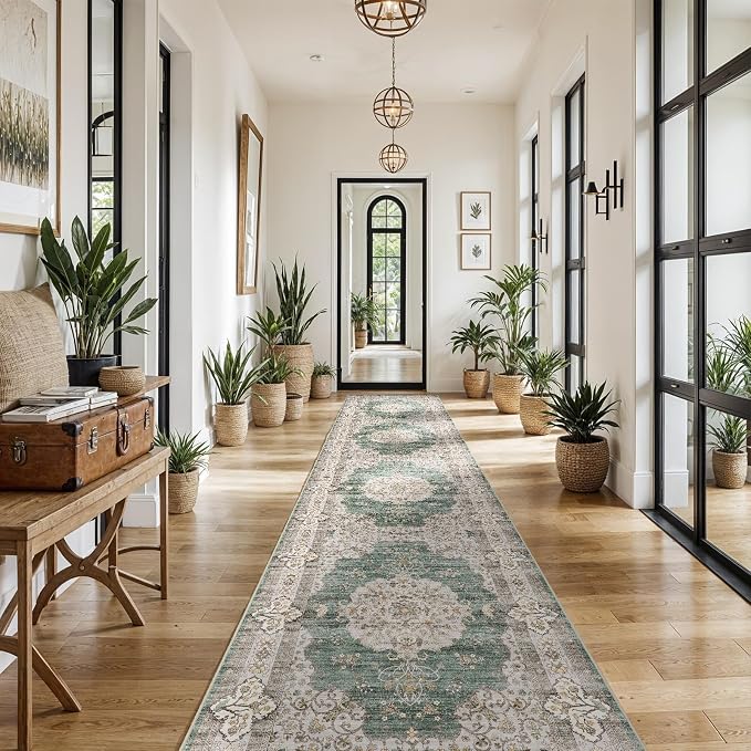 3x16 Washable Hallway Runner Rug:Oriental Indoor Kitchen Rugs Vintage Door Mat Non Slip with Rubber Backing Low Pile Thin Carpet for Bedroom Bathroom Living Room Bedside (3x16 Green/Beige)