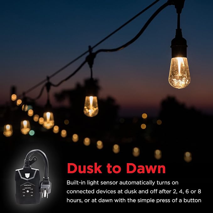UltraPro Outdoor Dusk to Dawn Outlet Timer with Countdown, Dual Outlet Light Sensor Plug, 8/6/4/2 Hour Settings, Weather‑Resistant Seasonal & Landscape Lighting Control, 2 Pack, Black, 71070