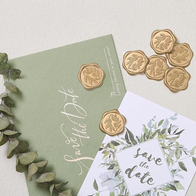 UNIQOOO Wax Seal Stickers - Olive Branch Wedding Invitation Envelope Seal Stickers, 50 Pcs Self- Adhesive Prosecco Metallic Light Gold Stickers, Perfect for Invitation, Christmas, Gift Wrapping