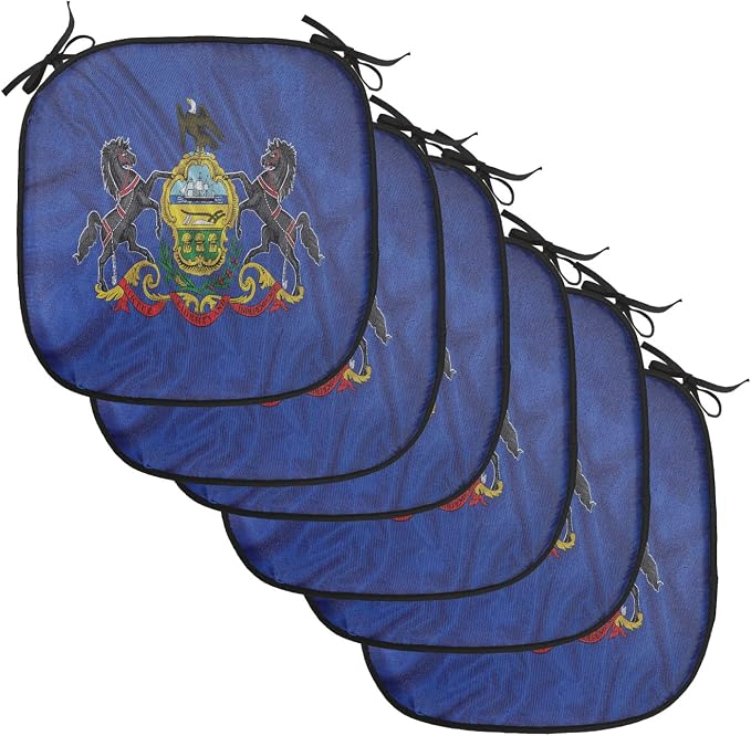Lunarable American Chair Cushion Pads Set of 6, Pennsylvania Flag Sheaves of Wheat State Coat of Arms Wavy Patriotic, Anti-Slip Seat Padding for Kitchen & Patio, 16"x16", Blue Multicolor