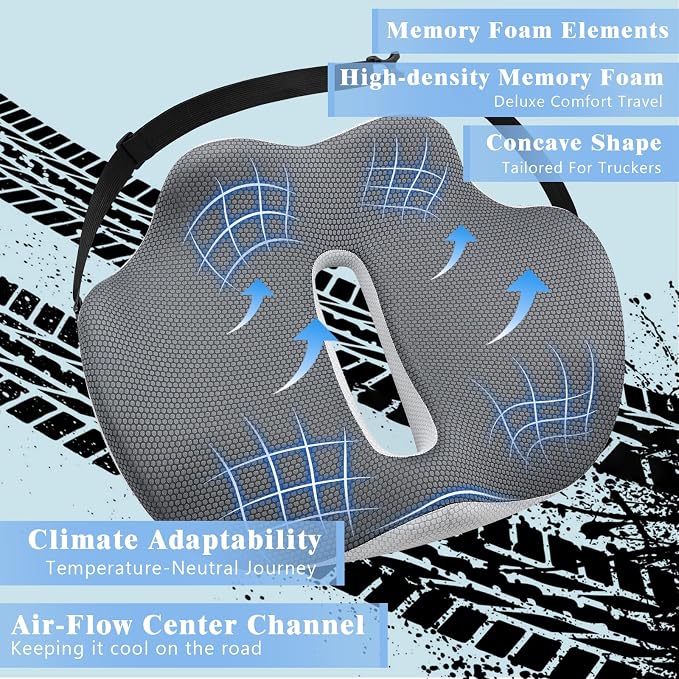 X-Large Truck Seat Cushion for Truck Drivers, Memory Foam Support | Seat Cushion for Long Driving & Sitting, Tailbone Pain Relief, Ergonomic Back Support, Non-Slip Washable Cover for Cars