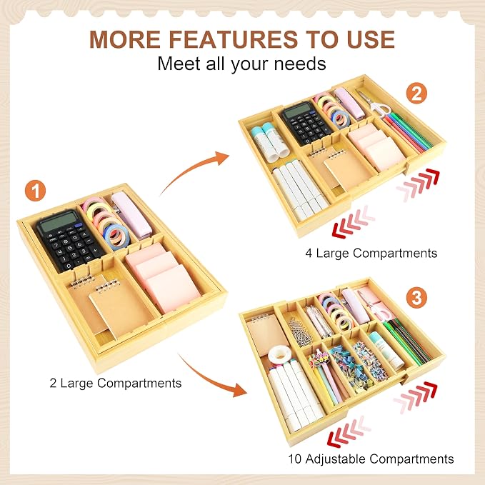TREWAVE Bamboo Desk Drawer Organizer, Expandable Drawer Organizer Tray | 12.6" - 15.6" Wide, with Adjustable Dividers, Wooden Storage Organizers for Office Supplies, Crafts, Makeup & Kitchen Cutlery