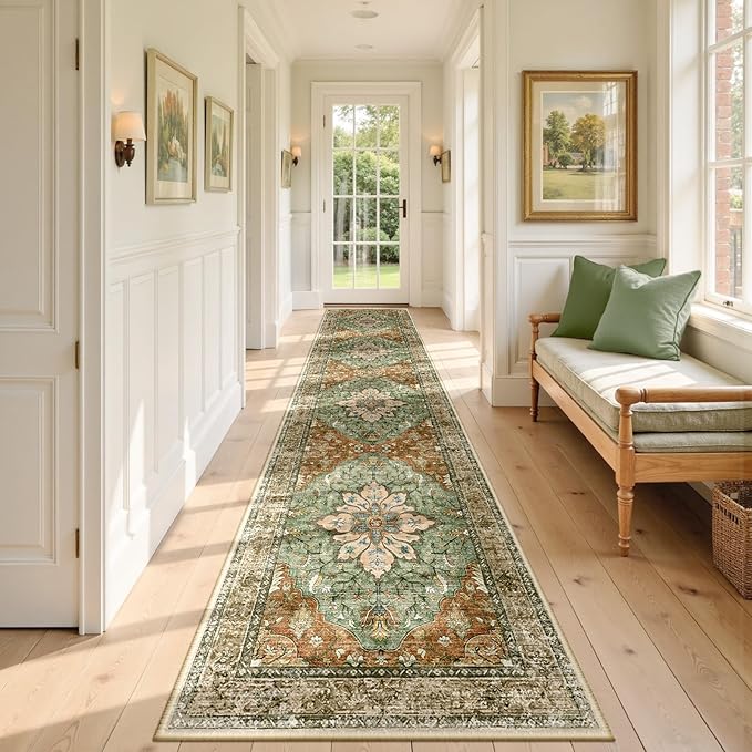 RELEANY Area Rugs Runner 2'6"x14' Washable Non-Slip, Floral Vintage Distress Medallion Carpet for Kitchen Hallway Bedroom Beside Laundry Room Bathroom, Terracotta Burnt Orange Green