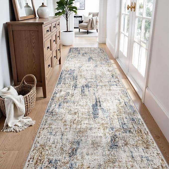 Long Runners for Hallways Non Slip - 3x10 Washable Kitchen Runner Rug Modern Abstract Wide Floor Carpet Runner for Indoor Entryway, Bedroom, Living Room （Blue Brown）