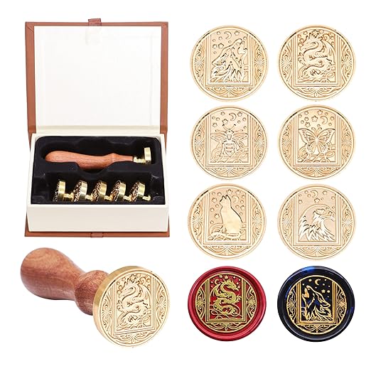 SWANGSA Wax Seal Stamp Set, Vintage 6 Pieces Sealing Wax Stamp Heads and 1 Wooden Handle for Wedding Party Invitations, Letters, Envelopes, Christmas (Starry Animals Set)