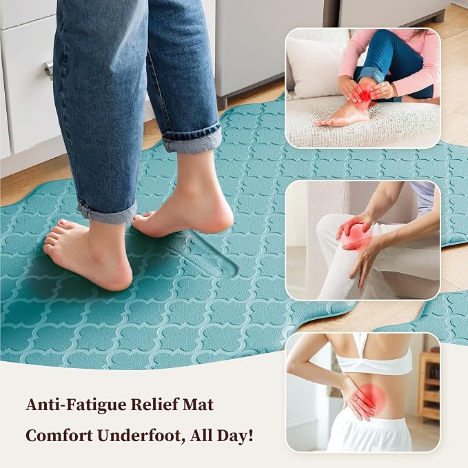 Arenarug Upgrade Scalloped Embossed Kitchen Mats for Floor 2PCS Cushioned Anti Fatigue Waterproof Foam Kitchen Rugs Non Slip Washable Comfort Standing Mat for Sink Laundry, 17.3"x30"+17.3"x59", Blue