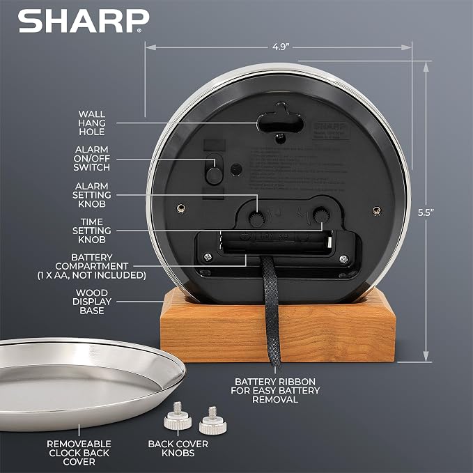 Sharp Silent Sweep Non-Ticking Analog Alarm Desk Metal Clock, Wood Stand | Wall mount, luminous hands, on/off indicator, AA powered, bedroom, office, study, quiet workspace, shelf, nightstand, table