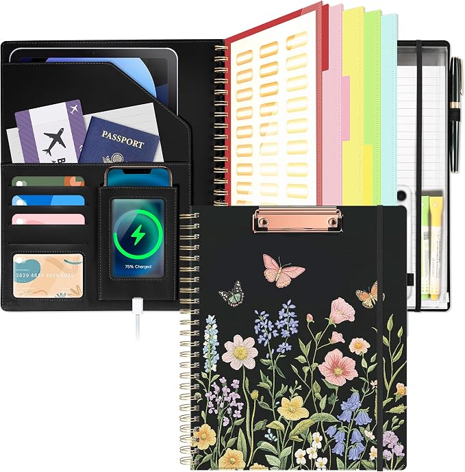 Ospelelf Clipboard with Storage Spiral Clipboard Folio for Letter Size,Organizer Folder with Zipper Pouch and 5 Dividers,Leather Portfolio for Office, School Black Garden