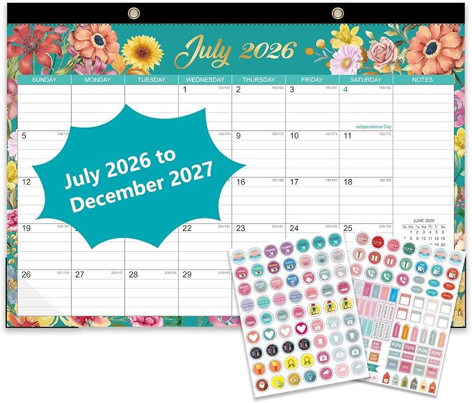 Desk Calendar 2026-2027 - 18 Month Desk Calendar july 2026-2027 Dec, 17" x 12", Large Monthly Desktop Calendar with Plastic Cover, Thick Paper, Corner Protectors - Floral (2 Stickers Included)
