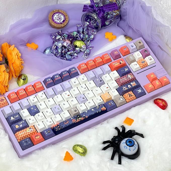 Cute Keycaps, Cherry Profile PBT Keycaps 130 Keys Dye-Sublimation Custom Keycap Set for 61/64/68/84/87/100/104/108 Cherry Gateron MX Switches Gaming Mechanical Keyboard Halloween Themed