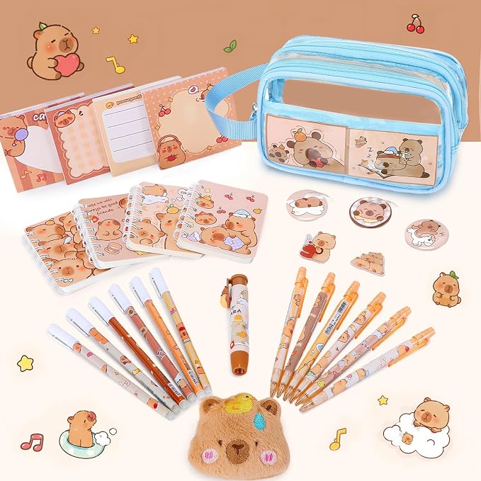 Capybara Theme Clear Backpack, 28Pcs School Supplies Stationery Transparent Backpack Set with Lunch Box Pencil Case Pens Notebooks for Kids Girls Elementary Middle School Stadium Approved