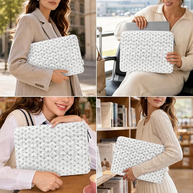 MOSISO Laptop Case 13.3 inch, 13-13.3 inch Puffy Laptop Sleeve Bag Compatible with MacBook Neo/Air 13.6/Pro 13/Pro 14, HP Dell ASUS Lenovo, Charming Floral Square Quilted Carrying Bag&Small Case, Pink