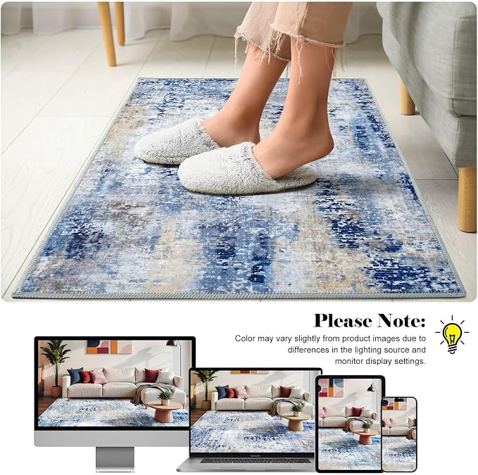 Macgace Washable Abstract Rug, 2x3 Small Modern Area Rugs with Non-Slip Rubber Backed for Kitchen, Thin but Soft Throw Carpet Bedroom Entryway Front Door Decor, Midnight Blue