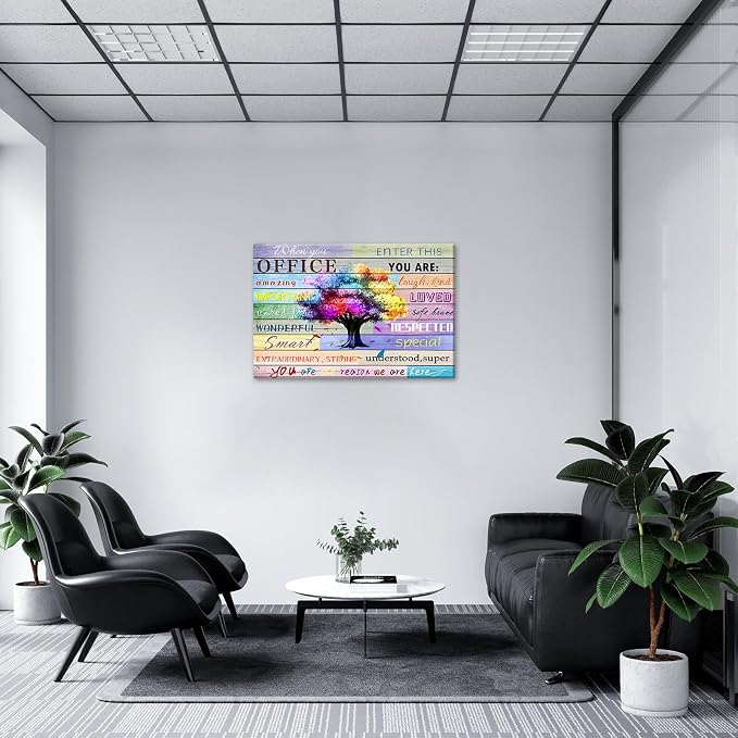 Inspirational Wall Art for Office Team Rules Wall Art Office Wall Decor Motivation Positive Quotes Wall Decor Colorful Tree Signs Framed Painting Prints Artwork for Home 36x24in Framed