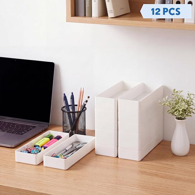 Teling 12 Pcs White Large Rectangular Desk Organizer Set Half Accessory Tray Plastic Tabletop Organizer for Office Home or Study Dimensions: 9.45 x 2.95 x 1.38 Inches