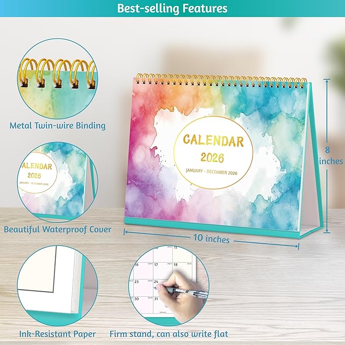 Desk Calendar 2026 - Standing Flip Desktop Calendar 2026, 12 Months Jan 2026 - Dec 2026, 11" x 8.5", Large with Notes, To-Do, Yearly Overview, Thick Paper, Great for Easy Planning - Multicolor
