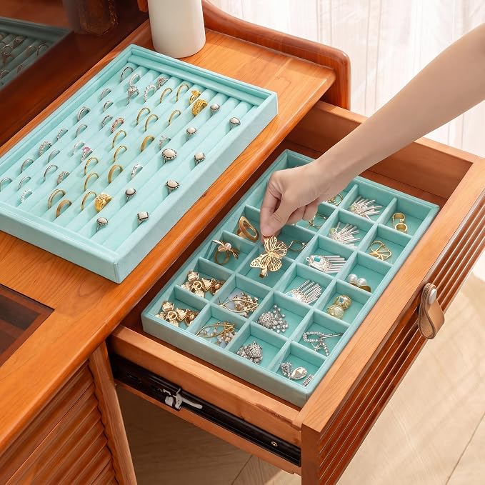 Jewelry Trays for Drawer,Set of 4 Jewelry Organizer and Storage | Velvet Material,Stackable,Adjustable Dividers,Drawer Inserts for Rings Studs Bracelet,Earring Organizer for Women Girls