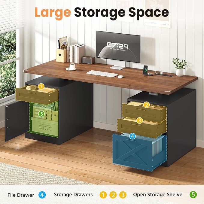 YOMILUVE 60" Farmhouse Electric Standing Desk with Drawers for Home Office | Height Adjustable Computer Desk with 4 Drawers & Storage Shelves, Wood Sit Stand Desk with Power Outlets for Work, Study