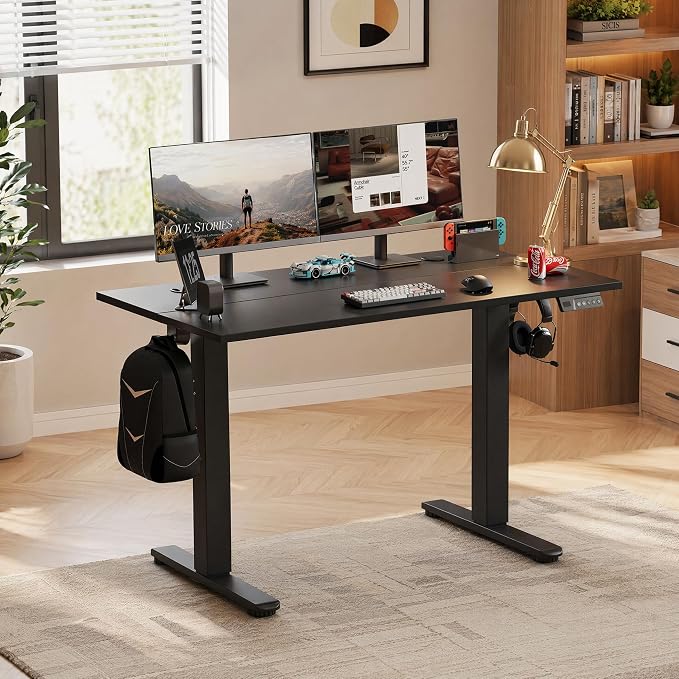 Claiks Electric Standing Desk, 55x24 Inch, Black | Adjustable height for sit-stand, 156lbs capacity, scratch-resistant surface, 3 memory presets, cable management & hook.