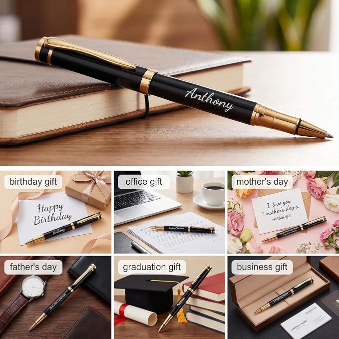 Ancolo Personalized Black Executive Business Pens - Medium Point with 10 Black Ink Refills Custom with Your Name or Message, Gift for Students/Teacher/Manager/Lawyer/Professor 5PCS/Pack