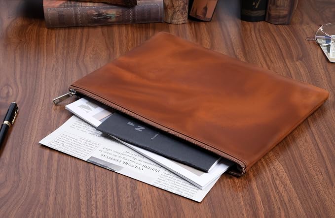 Genuine Leather A4 File Folder for Document, Leather File Folder Organizer Document Holder for Men&Women, Waterproof Portfolio Envelope Folder Case
