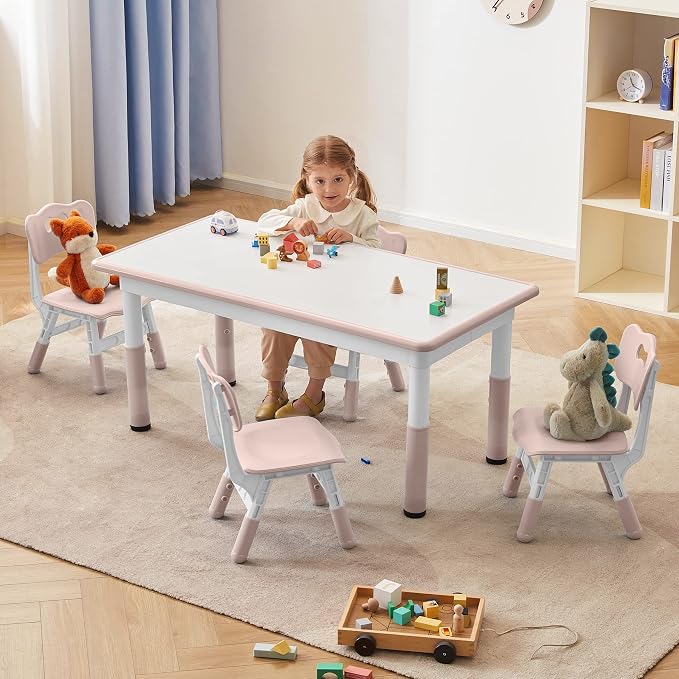 DOREROOM Adjustable Kids Table & 4 Chairs Set, 47.2" L x 23.6" W, Pink | Graffiti Desktop,Table Supports 300 lbs,Toddler Ages 2-8，FSC-certified, Children Activity Table for Daycare, Classroom, Home