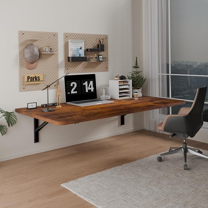 IAE Floating Foldable Desk,Wall Mounted - Folding Computer Table with Engineered Wood,Study Table with Shelf Brackets,Fold Down Shelf,Fold Computer Desk for Small Spaces,Holds 500 lb,36" x 22" Rustic
