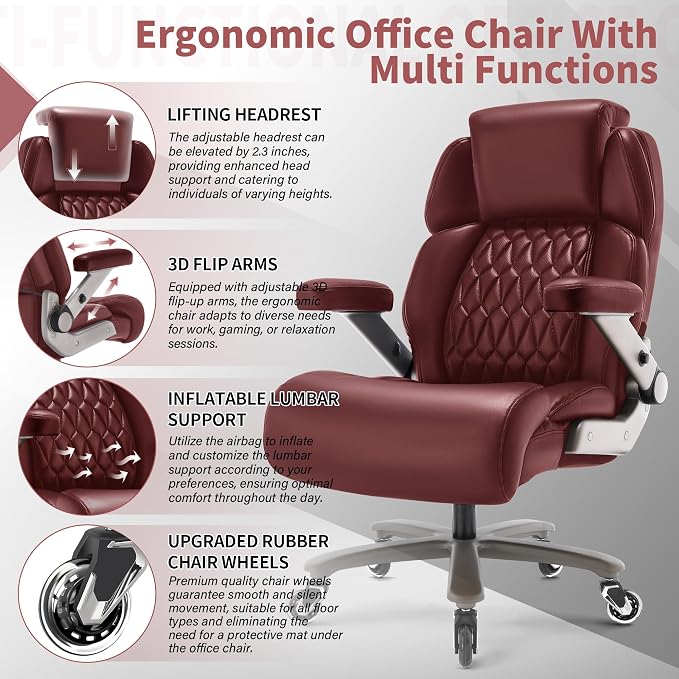 Big and Tall Office Chair 700lbs, Ergonomic High Back Computer Desk Chair | Adjustable Headrest&Lumbar Support, 3D Flip Arms, Large Wheels, Heavy Duty Metal Base, Thick Padded Wide Seat Executive Chair
