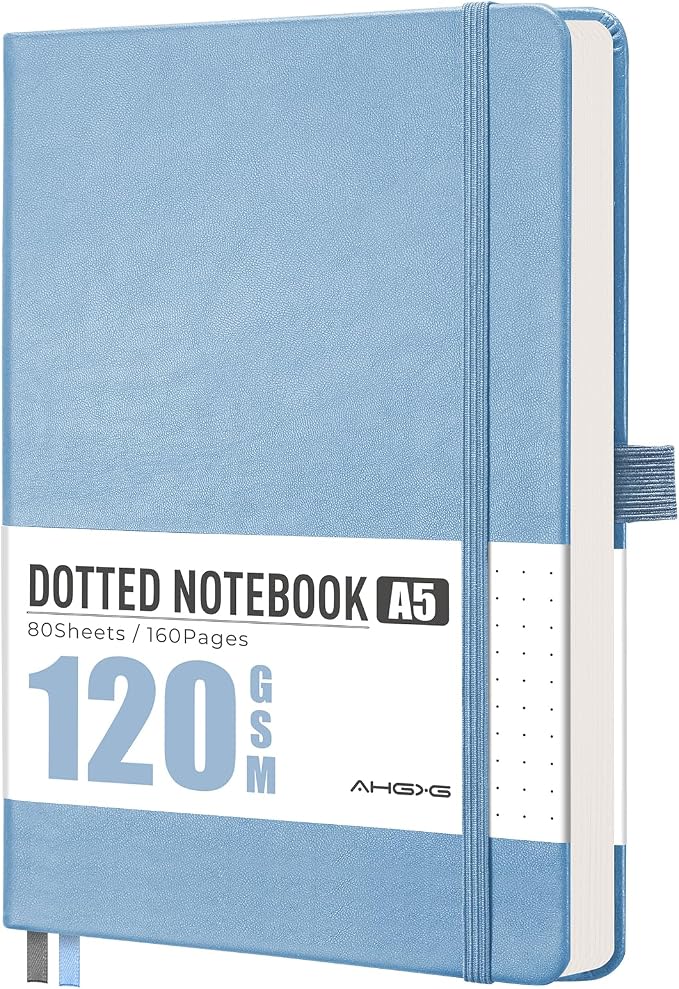 AHGXG Dotted Journal Notebook, 160 Numbered Pages, A5 Medium Size (5.7'' x 8.3''), 120 GSM Thick Paper, Leather Hardcover, for Journaling, Planning, Tracking (Light Blue)