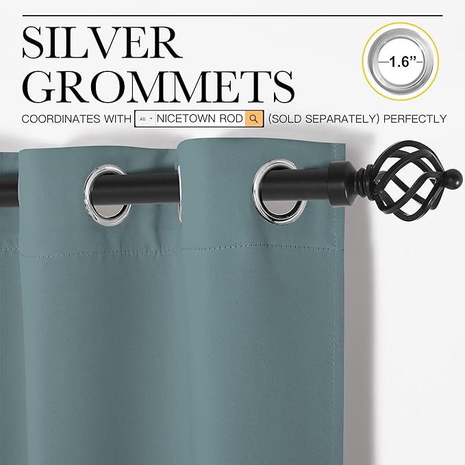 NICETOWN Blackout Curtain 57 inch Length, W55 x L57 Inch, Greyish Blue, 8 Grommets Top, 1 Piece, Thermal Insulated Modern Window Treatment Soundproof Drape Panel for Bedroom/Living Room