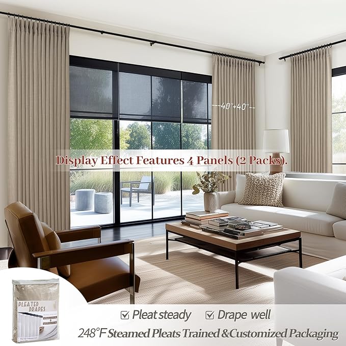 70 Inch Extra Wide Blackout Curtain 2 Panels 84 Inches Long for Living Room, Pinch Pleated Natural Linen Cream Beige Thermal Drapes with Back Tab Noise Canceling Privacy for Bedroom Large Window Birch