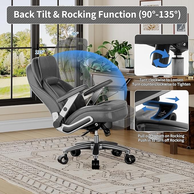 Big and Tall Office Chair, Heavy Duty Desk Chair with 5D Arms, Adjustable Lumbar Support & Height, Tilt Function, PU Leather High Back Ergonomic Executive Computer Chair