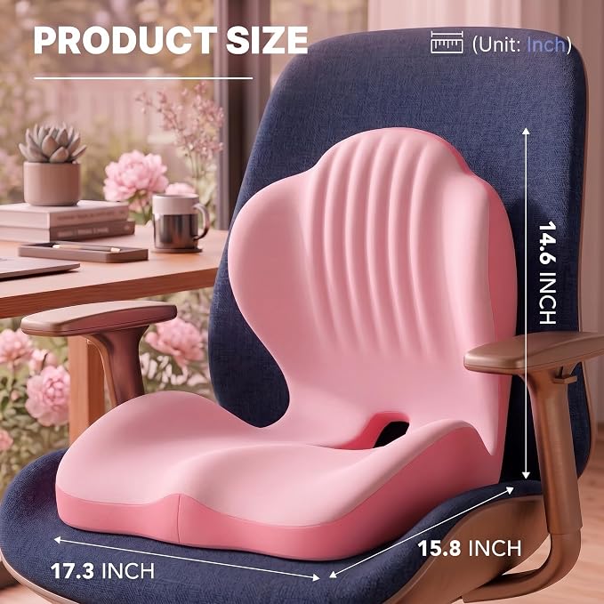Ergonomic Seat Cushion with Lumbar Support (Pink) | Office Chair Seat Cushion, Memory Foam Orthopedic Cushion with Tailbone Hollow, Sciatica & Back Pain Relief for Long Sitting